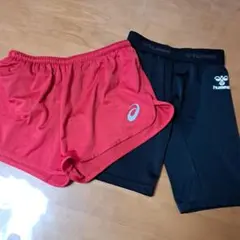 Asics 赤 ショートパンツ & Hummel 黒 スパッツ セット