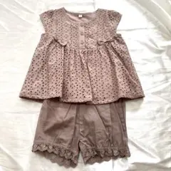 タグ付き くすみカラー カットワーク刺繍トップスと裾レース刺繍のセットアップ