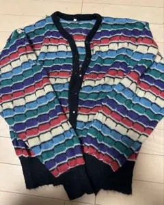 昭和レトロ多色編み込み模様の長袖モヘアカーディガン