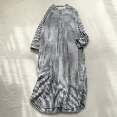 無印良品 リネン100% ストライプ ロング丈ワンピース Lサイズ 麻