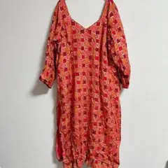 刺繍入りオレンジ赤五分袖チュニック