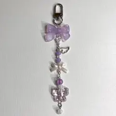 No.108 ビーズキーホルダー 紫色 リボン 蝶々 羽 花 量産型 韓国