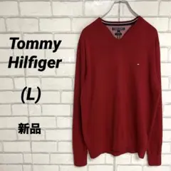 TOMMY トミーヒルフィガー　Vネック　絹　シルクニットソー　赤　胸元ロゴ　L