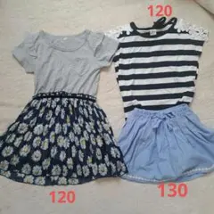 (３点セット)120花柄ワンピース、ボーダーTシャツ、130デニム風スカート