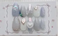 オーロラブルー×パールネイルチップ 上品ニュアンスネイル