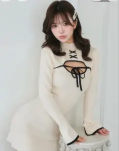 フロントオープンリボンニットミニワンピース