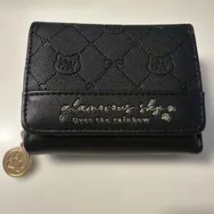 三つ折り財布 ブラック リボン猫柄