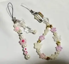 ビーズストラップ ビーズキーホルダー ピンク 花 蝶々 パール