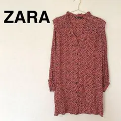ZARA ザラ 花柄ワンピース チュニック 赤 小花柄 フリル Vネック S
