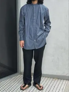 ノーカラー　シャツ　ストライプ　ネイビー　メンズ