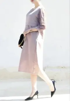 ミルクティー 授乳服　マタニティ　レース袖切り替え ワンピース 授乳口 ドレス