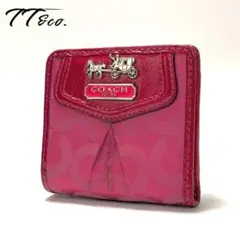 COACH　コーチ　折り財布　オプアート　馬車金具　ピンク　ナイロン　エナメル