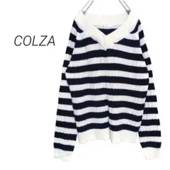 【コルザ】Vネックボーダーニット セーター ウール混 洗える M オフホワイト