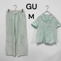 GU パジャマ 上下セット グリーン ホワイト ストライプ ボタン 前開き 夏