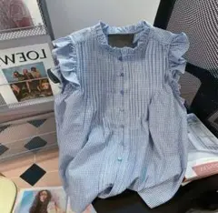 ブルー ギンガムチェック フリルノースリーブブラウス カジュアルトップス 新品