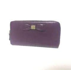 パープルレザー二つ折り財布 リボン付き
