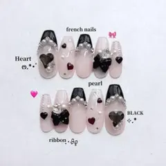 現品 ネイルチップ ブラック フレンチネイル リボン ハート 韓国 ワンホン