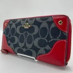 良品 COACH 長財布 キャンバス ブルー シグネチャー