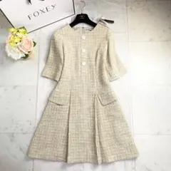 新品タグ付◆FOXEY 最高級ミックスツイードワンピース ボックスプリーツ 春◎