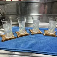 【昭和レトロ】花柄冷茶ガラスコップ4個セットと竹のコースター付き