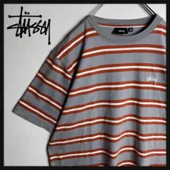 【美品】ステューシー　ボーダー　ワンポイント刺繍ロゴ入りTシャツ　M　ストリート