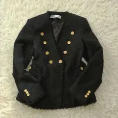 ZARA ザラ ツイードジャケット 金ボタン ノーカラージャケット
