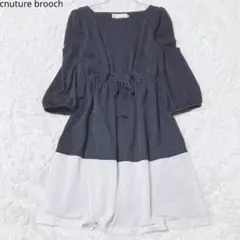 クチュールブローチ　ワンピース　バイカラー　ネイビー　長袖　膝丈　きれいめ　上品のサムネイル