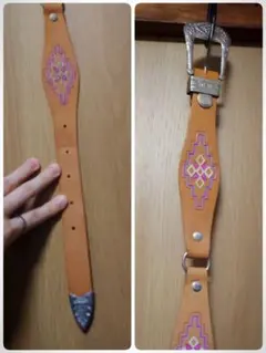 民族調レザーベルト 薄茶色 幾何学模様 シルバーバックル