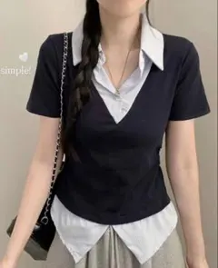 NUGU ストライプシャツレイヤード半袖Tシャツ ネイビー
