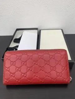 GUCCI マイクロGG ラウンドファスナー 長財布 レザー レッド - メルカリ