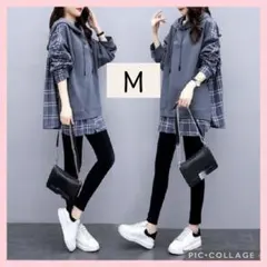 レディース パーカー チュニック チェック ゆったり 大きい 韓国 トップス