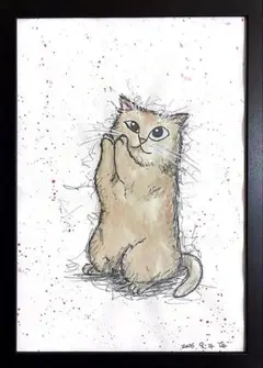 【拝み猫】原画 猫のインテリア絵画 ドローイング水彩 ハンドメイドアート