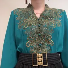 高級感 上品 花柄刺繍 ブルーグリーン系 ブラウス ジャケット レトロのサムネイル