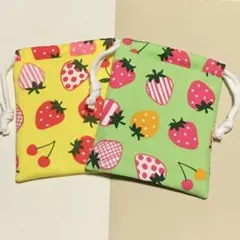 ハッピーいちご♪ハンドメイド＊ミニ巾着袋♪ミニ巾着ポーチ☆2点セット