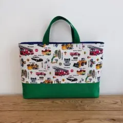 ハンドメイド☆レッスンバッグ　はたらく車と標識　みどり