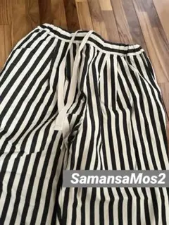 SamansaMos2 黒とベージュのストライプワイドパンツ　綿麻　ナチュラル
