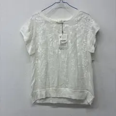ZARA ホワイト 花柄刺繍 半袖トップス ブラウス　M ▲53