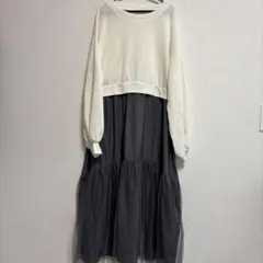 しまむら／ワンピース 長袖 白 グレー スカート L 最終値下げ