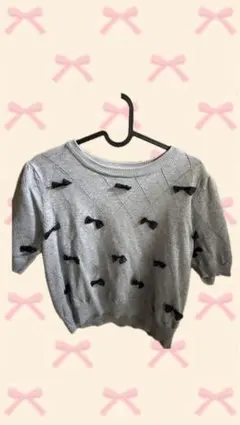 リボンモチーフ グレー 半袖Tシャツ