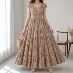 美品◇22SS ANAYI ライトローン ティアード ワンピース ピンクベージュ 
