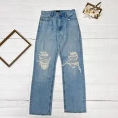 UNIQLO ダメージデニムパンツ 26 レディース ライトブルー ストレート