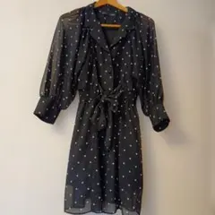 Heather 黒　ドット柄　　リボン付きワンピース　Mのサムネイル