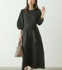 natural couture　ランタンスリーブポリニットワンピース　ブラックのサムネイル