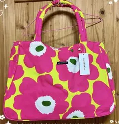 マリメッコ♪人気　ピエニウニッコ内ポケ付肩かけトートバッグL ピンクイエロー