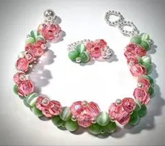 ハンドメイド　フラワービーズブレスレット・リングセット　金属アレルギー対応