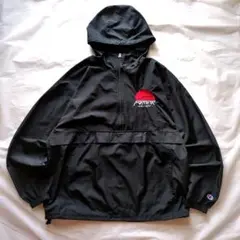 チャンピオンアノラックパーカーナイロンプルオーバーハーフジップ企業刺繍黒XL