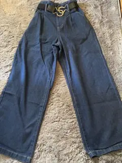 ふ*や様 ダークブルーワイドレッグデニムパンツ ベルト付き