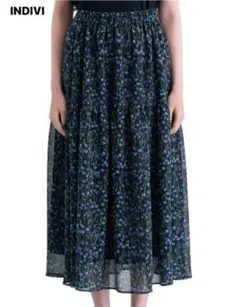 美品インディヴィ INDIVI フラワーシフォンスカート 花柄総柄ブルー36