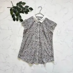B89✾アンダーカレント✾半袖ブラウス【M】花柄/白襟/総柄/透け感/比翼仕立てのサムネイル