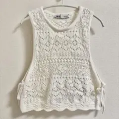 ザラ ZARA ホワイト レース編み ニットベスト Mサイズ